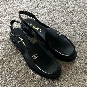 CHANEL Black Slingback Loafers. 7.5